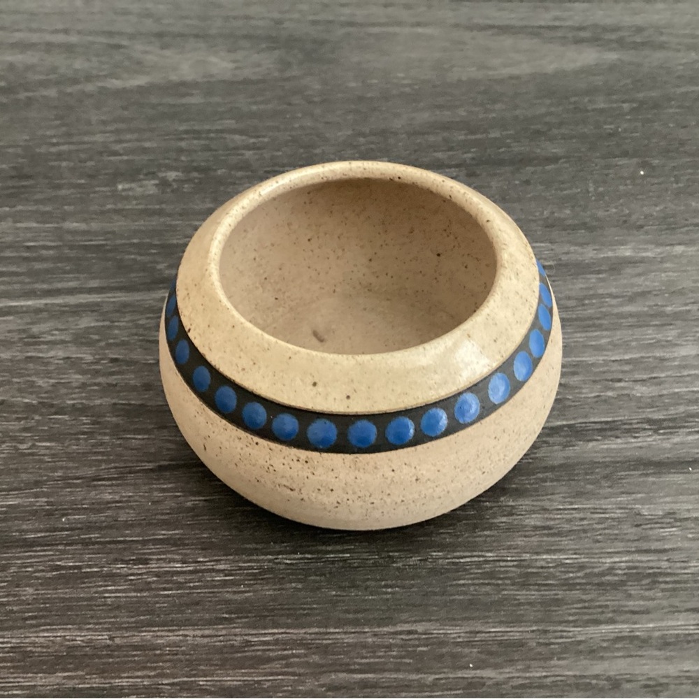 Studio Pottery mini bowl with blue dots. Mid Century Mexican Tonala Pottery